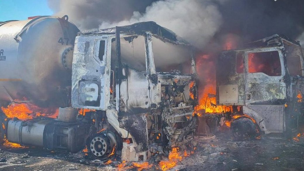 Fire at a truck parking area after the shelling of Odesa oblast on the morning of 19 June, 2026. Photo from social media